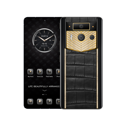 METAVERTU 2 LUXURY CUSTOM-MADE GOLD V-SHAPED WITH DIAMONDS ALLIGATOR SKIN WEB3 AI PHONE - BLACK