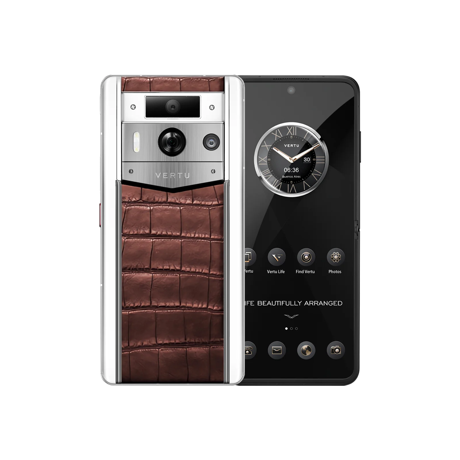 METAVERTU 2 WHITE ALLIGATOR SKIN WEB3 AI PHONE – AMBER BROWN (SILVER CASE)